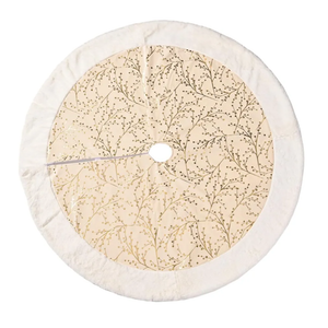 Xmas Tree Skirt 121cm Plush with Golden Embroidered Floral Pattern Christmas Tree Apron Mat Decorative Carpet for Holiday Home Décor