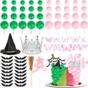 74 Pcs Witch Theme Cake Decorations Party Supplies - Green&Pink Balloons, Mini Witch Hat, Crown, Broom, Magic Wand, Bat and Butterfly Cake Topper - for Princess Witch Halloween Birthday Decoration
