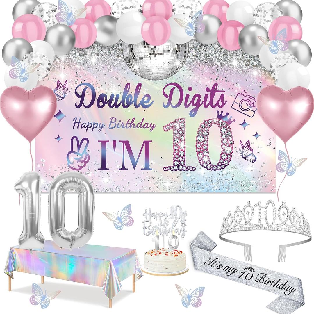 10th Birthday Decorations for Girls,49pcs Silver Dazzle Double Digits Banner, Iridescence Tablecloth, Sash, Tiara, Butterfly Decor, Happy 10th Birthday Cake Topper, Candles, Balloons Arch