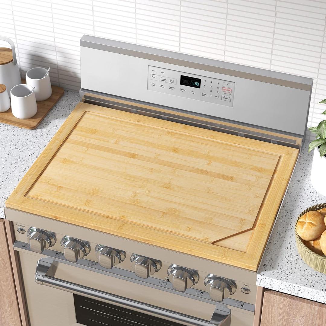 Bamboo Stove Cover Board 30"x22" - Multi-Functional Gas/RV Stovetop Protector with Built-in Cutting Board & Noodle Prep Surface, Expandable Counter Space Kitchen Organizer (Natural)