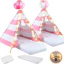 2 Pack Kids Teepee Tent with Mattress,Fitted Sheet,Light String,Washable Natural Cotton Toddler Play Tent for Girls Boys Indoor Outdoor Sleepover Slumber Birthday Party(Pink and White)