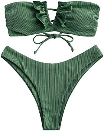 ZAFUL Women's Strapless Ribbed V Wired Lace Up Ruffle Tie High Cut Bandeau Swimsuits Bikini Set, S(4)