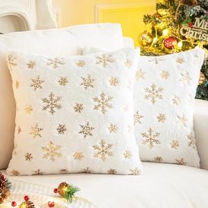 AQOTHES Faux Fur Fuzzy Decorative Throw Pillows Covers, Plush with Snowflake Sequins Glitter Throw Pillows for Christmas Decor Couch Sofa Bed Room, Golden Ivory White,18 x 18 Inch, Pack of 2
