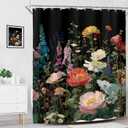 Riyidecor Black Floral Dark Wildflower Shower Curtain for Bathroom Decor 60Wx72H Boho Vintage Flower Blossom Leaves Plants Botanical Women Art Printed Fabric Polyester Waterproof 12 Pack Plastic Hooks
