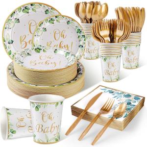 350PCS Sage Greenery Baby Shower Party Supplies Serves 50 Guests Oh Baby Paper Plates, Napkins,Cups, Plastic Forks, Knives,Spoons