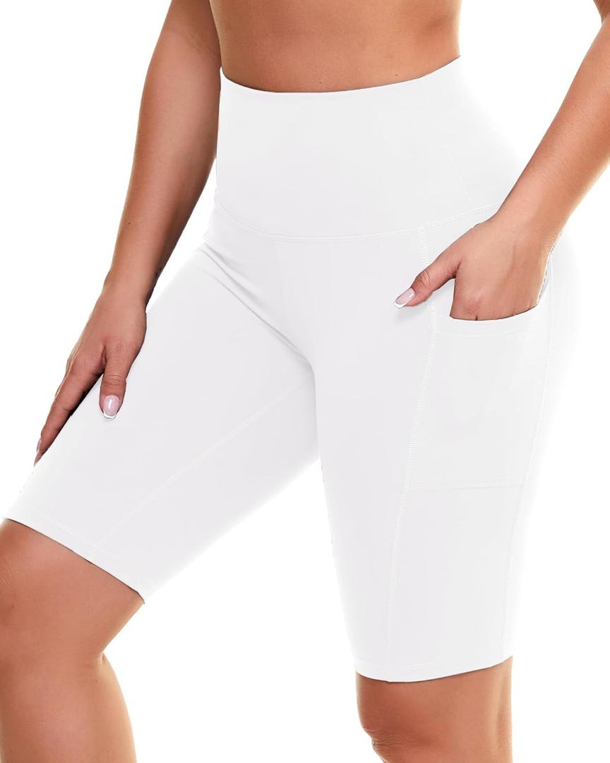 GAYHAY Biker Shorts for Women with Pockets - 8" Booty High Waisted Black Spandex Volleyball Short for Workout Yoga (White) LXL