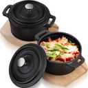 2 Sets 20 oz Dutch Oven Pot with Lid and Wooden Base Pre Seasoned Cast Iron Casserole Mini Cast Iron Pot Round Cocotte with Handle Heavy Duty Casserole Dish for Grill Oven Black