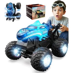 BEZGAR 1:20 Shark Monster Truck Toys, 360°Stunt RC Cars Rotation Monster Trucks with Music, 2 Batteries and Wireless LED Strobe Lights, Remote Control Car for Boys 4 5 6 7 8 9 Years Old(Blue)