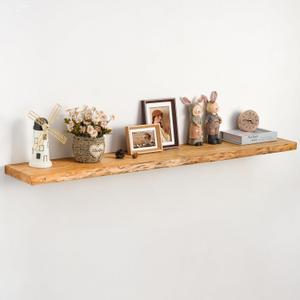 Live Edge Floating Shelf 55 Inch Extra Long | Solid Rustic Elm Wood with Invisible Brackets | Wall Mounted Shelf for Living Room, Kitchen, Bathroom | Natural