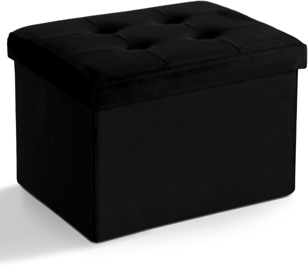 LINMAGCO Storage Ottoman Folding Foot Stool Velvet Foot Rest with Padded Modern Ottoman with Storage for Living Room Puppy Step Stool 17x13x13in(Black)
