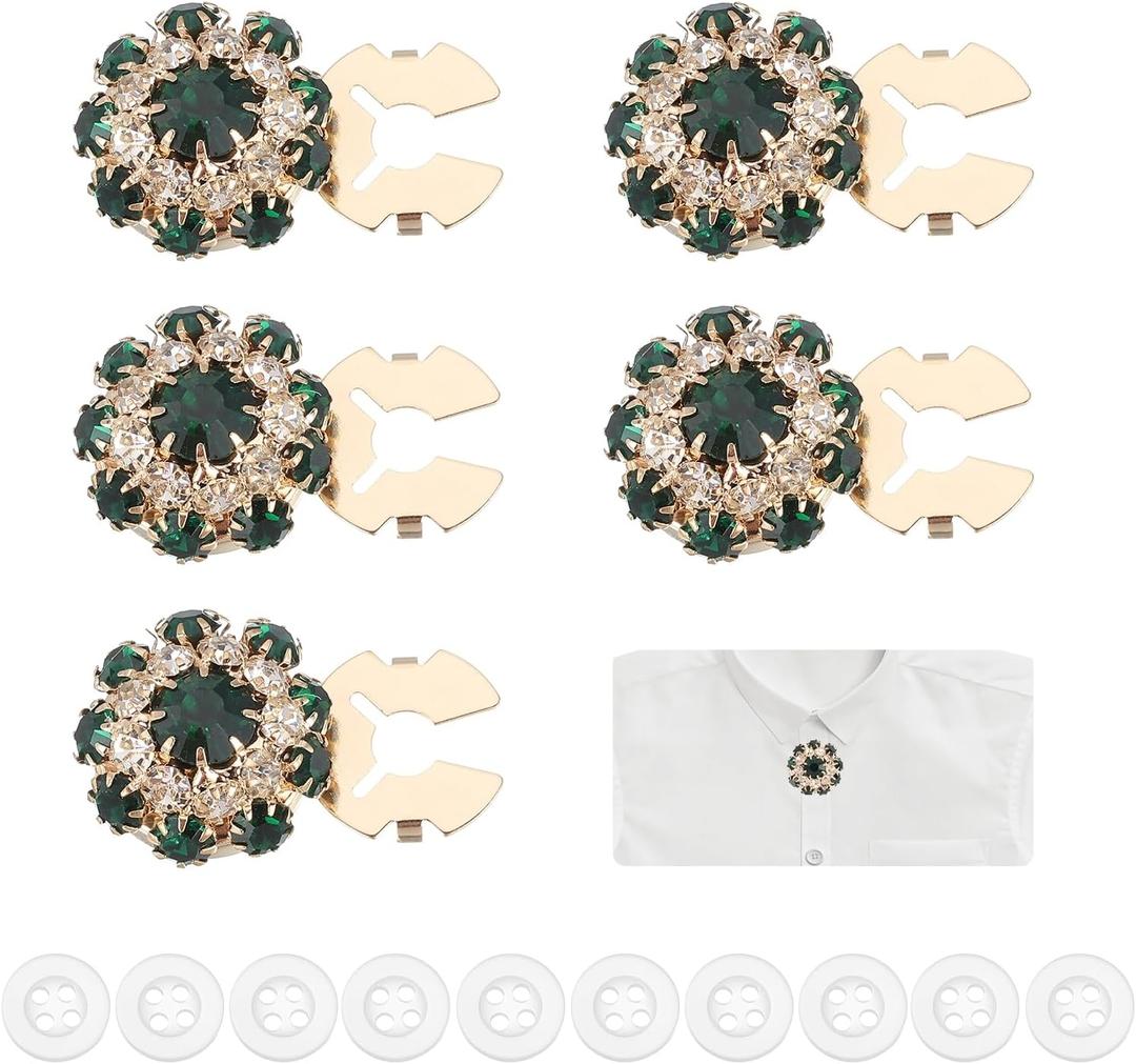 PATIKIL 5 Pcs Rhinestone Button Covers Decorative Clips with 10 Pcs White Sewing Buttons Detachable Sewing Replacement for Women Men DIY Crafts Holiday Accessories (Dark Green/Gold)