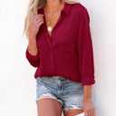 Aoudery Button Down Shirts for Women Long Sleeve Collared Blouses V Neck Work Business Office Tunic Chiffon Tops (XS)