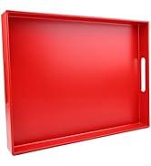 SforGUVA Serving Tray for Coffee Table, Rectangular Plastic Decorative Tray with Handles for Entertaining, Outdoor Patio, Living Room, Ottoman, Bathroom Counter, 11.8”*15.7”*1.6”, Red