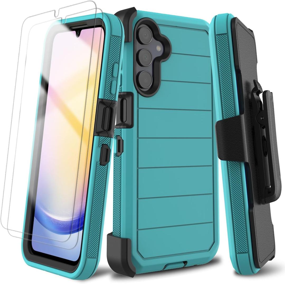 for Samsung Galaxy A25 5G Case with Screen Protector, Belt Clip Holster Kickstand Rugged Full-Body Heavy Duty Protection Military Grade Shockproof Cell Phone Cover (Blue Green/Black)