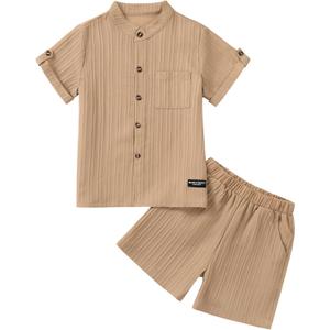 Boy Summer Outfits Textured Short Sleeve Button Down Shirt and Elastic Waist Short Sets Blue 13-14 Years (Beige)