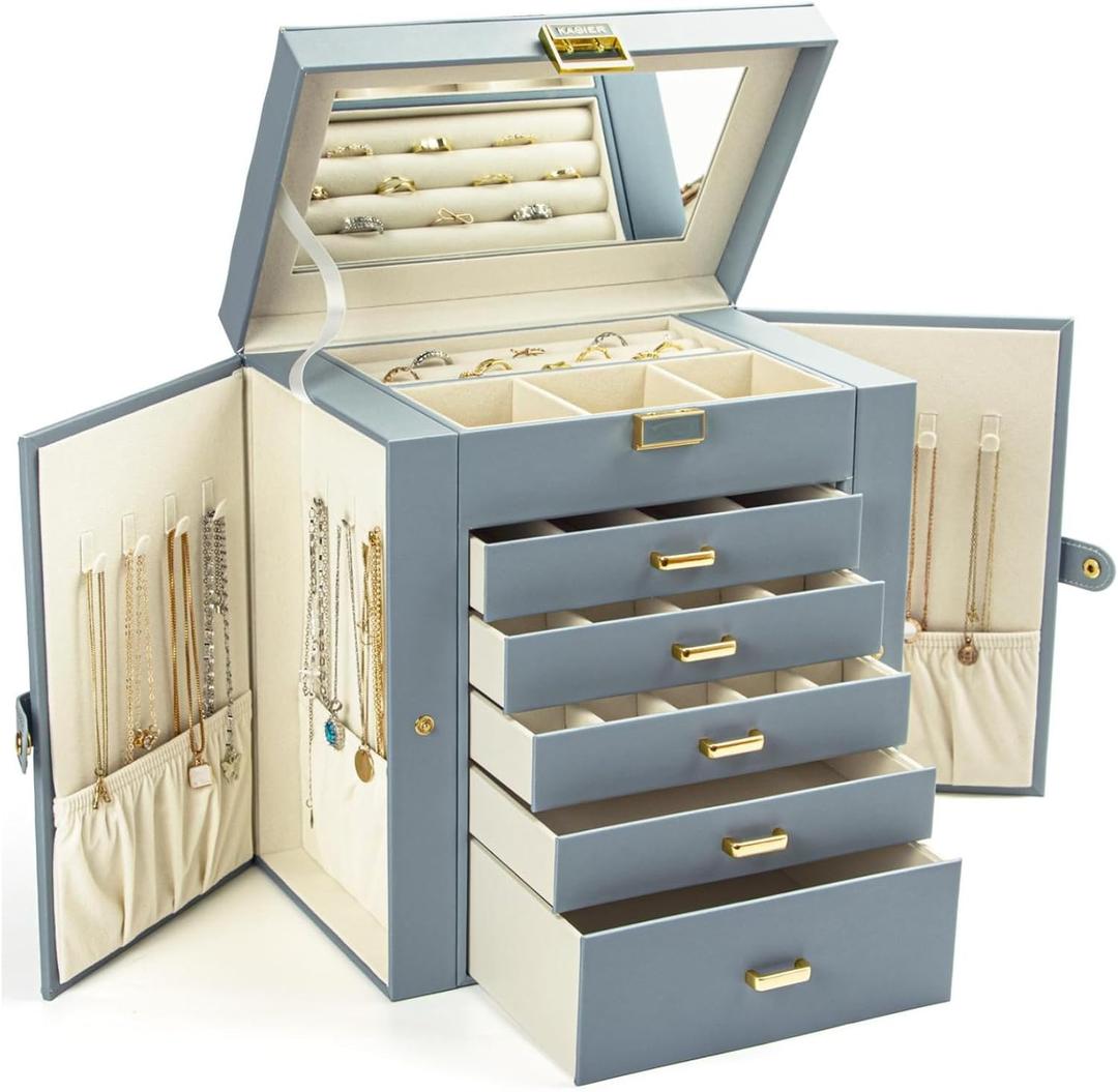 KAMIER Jewelry Box for Women, 6-Layer Large Jewelry Organizer Box with Mirror & 5 Drawers for Rings, Earrings, Necklaces, Bracelets,Bluish Grey