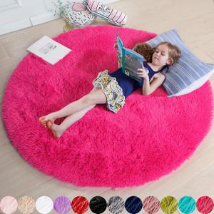 Hot Pink Round Rug 4Ft for Girls Bedroom, Fluffy Circle Area Rugs for Kids Room Decor Aesthetic, Shag Plush Fuzzy Furry Carpet for Living Room, Nursery, Dorm, Classroom, Teen, Cute Shaggy Baby Rug