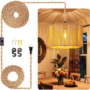Hanging Lamps Rattan Pendant Light Hanging Lights 16.4ft Plug in Cord Pendant Light Fixture Plug Into Wall Outlet Pendant Lighting with On Off Switch for Bedroom Living (Cylindrical Flower Shade)