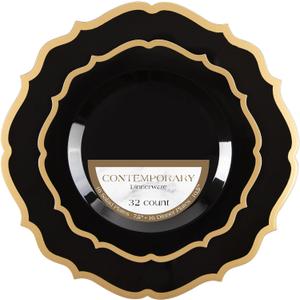 PLASTICPRO 128 Pack Elegant Disposable Plastic Plates Combo Set Includes 64 Dinner Plates and 64 Salad Plates Heavy Duty Fancy Party Plates Black & Gold Contemporary Design