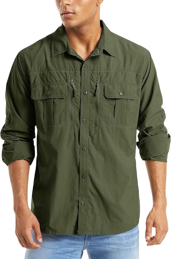 MAGCOMSEN Men's UPF 50+ Sun Protection Shirts, Button Down Long Sleeve Shirt for Hiking, Fishing, Safari Army Green, Large