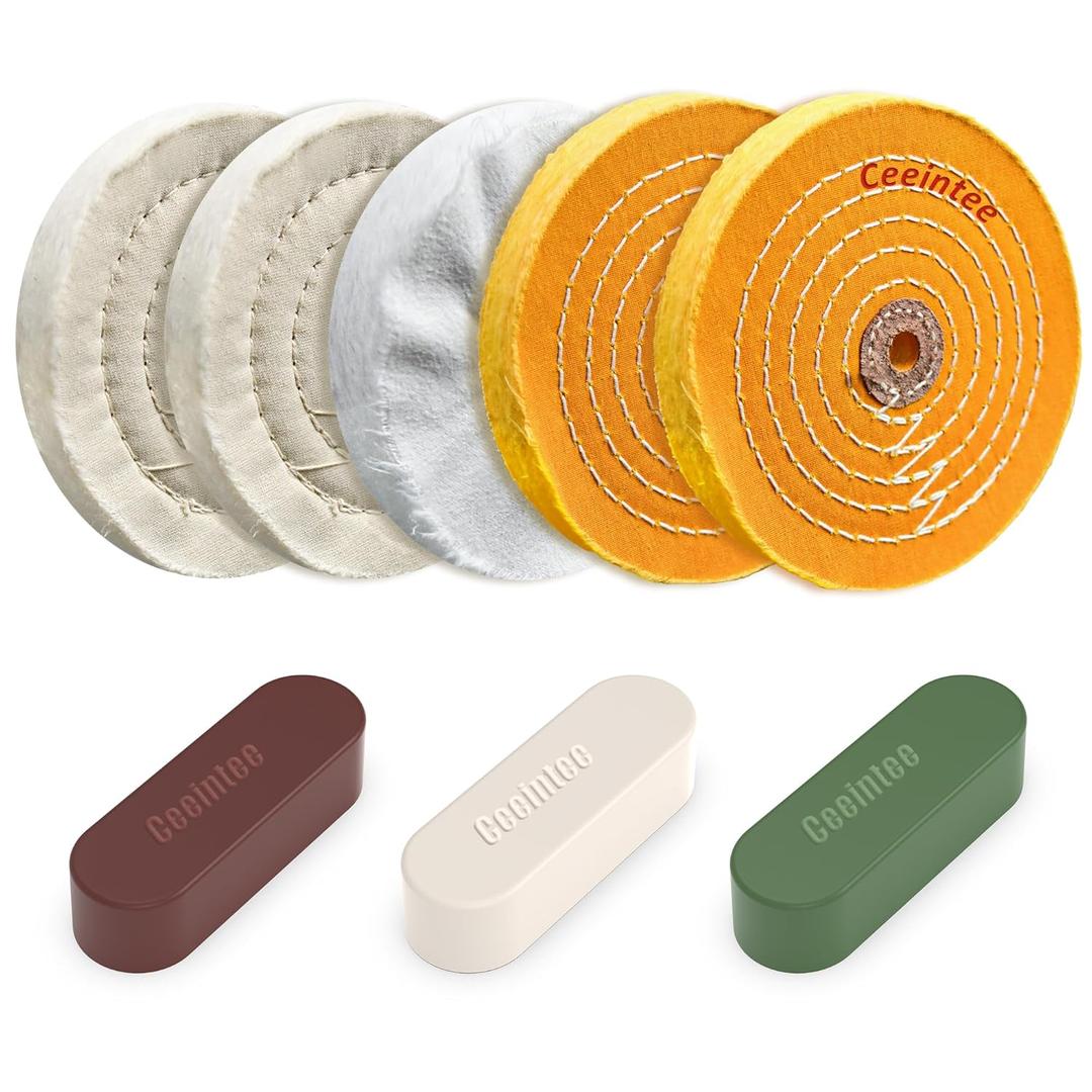 8 Pack 6 Inch Polishing Wheel for Bench Grinder, Include 1/2" Arbor Hole 2 Yellow Cotton(42Ply), 2 White Cotton Polish Wheels(50Ply), 1 Soft Flannel Buffing Wheel(30Ply)& 3 Polishing Compound