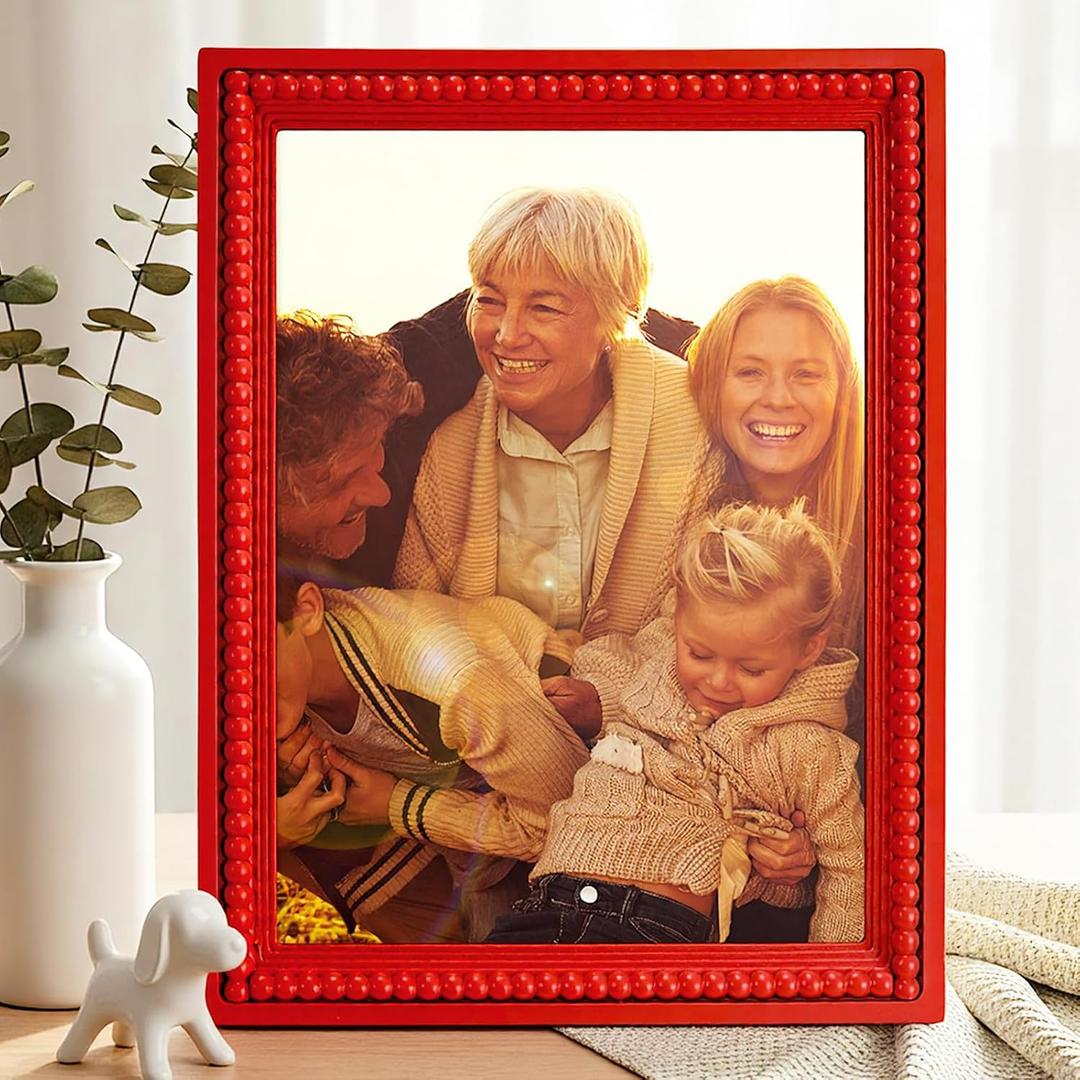 Geelin 8 x 10 Wooden Beaded Picture Frame Display Picture 8 x 10 Boho Farmhouse Photo Frame Birthday Wedding Anniversaries Gift for Vintage Rustic Wall Tabletop Display Decor, Red