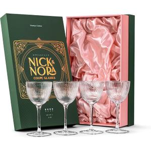 Vintage Art Deco Nick and Nora Coupe Glasses | Set of 4 | 5 oz Crystal Ribbed Cocktail Glassware for Drinking Classic Gin, Whiskey, Vodka Bar Drinks | Retro Long Stemmed Barware Goblets
