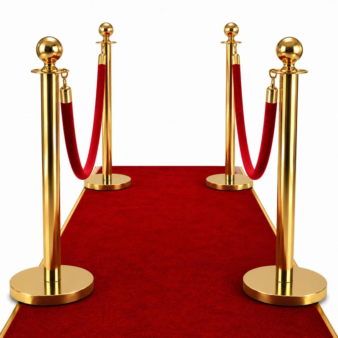 4 Pack Gold Stanchions and Velvet Ropes Set, Stainless Steel Crowd Control Barriers,High Quality red Carpet Ropes and Poles Grand Opening Party Supplies,Prom,Birthday,Business,Wedding, Museums