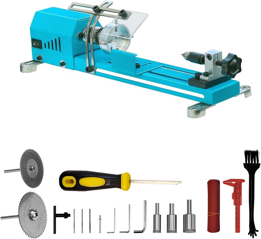 Mini Lathe Wood Lathe Machine Multi-Purpose Type Lathe Milling Cutting Grinding Polishing Professional Table Top Lathe Tool Kit Adding shields