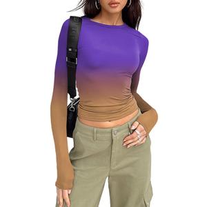 Women's Long Sleeve Crop Top Fitted Y2K Shirt Purple Yellow M
