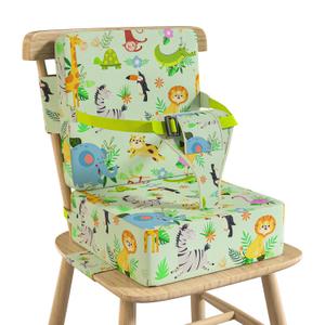 Booster Seat for Kitchen Chair with Backrest & 4 Adjustable Straps, Portable TPU Waterproof & Anti-Scratch Toddler Booster Seat for Dining Table, Removable & Non-Slip (Green-Animals)