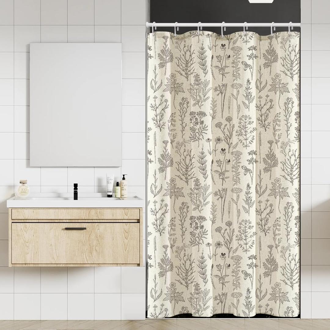 Coxila Linen Shower Curtain Stall Small Spring Farmhouse Floral Vintage Beige Botanical Neutral Half Narrow Single Walk in Stand up Heavy Duty Textured Toile Bathroom 36x72 Inch Fabric 7 Pack Hooks