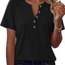 AUTOMET Women's Waffle Knit Henley Tops Short Sleeve Blouses Business Casual T-Shirts for Spring Summer Vacation 2026 (Black, S)