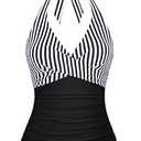 Firpearl Womens Underwire Tankini Swimsuits Tops Halter V Neck Bathing Suit Tops Ruched Tummy Control Tankinis Black & White Stripe US12