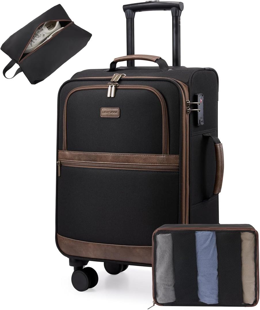 LOVEVOOK Carry On Luggage 22x14x9 Airline Approved,20 Inch Suitcases with Spinner Wheels,Softside Carry-on Suitcase with TSA Lock for Men Women Business Trip Weekender Travel,Black&brown