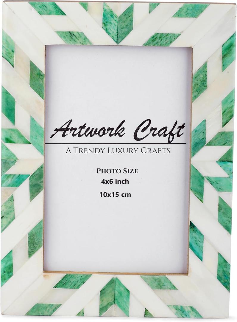Bone Photo Frame Aztec Pattern Inspired Vintage Table-Top/Wall Dcor Chevron Art Boho Christmas Picture Frames (4x6 Inches, Green)