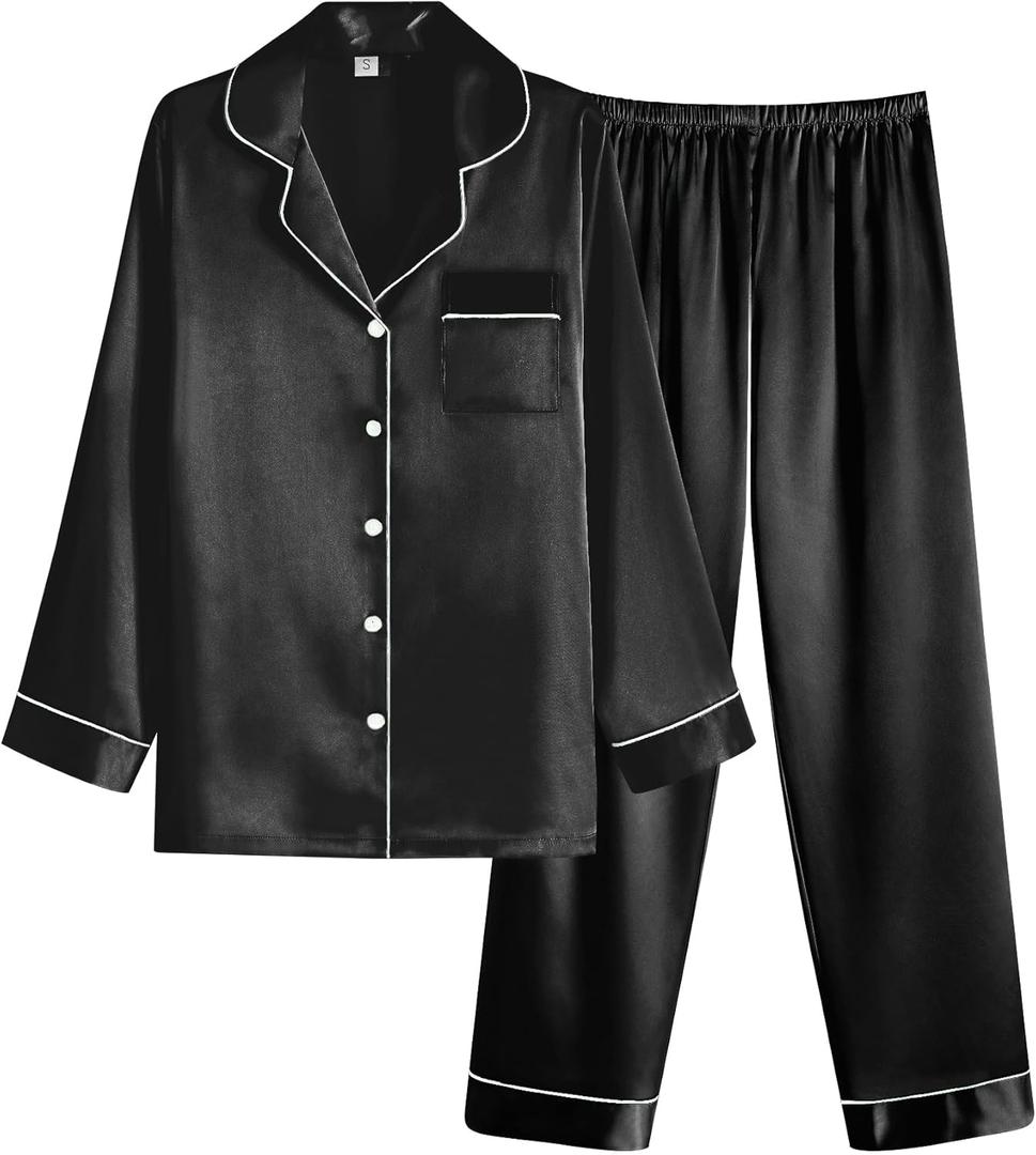Ekouaer Women Satin Pajamas Set Classic Button Down Long Pjs Set (Medium, Black)