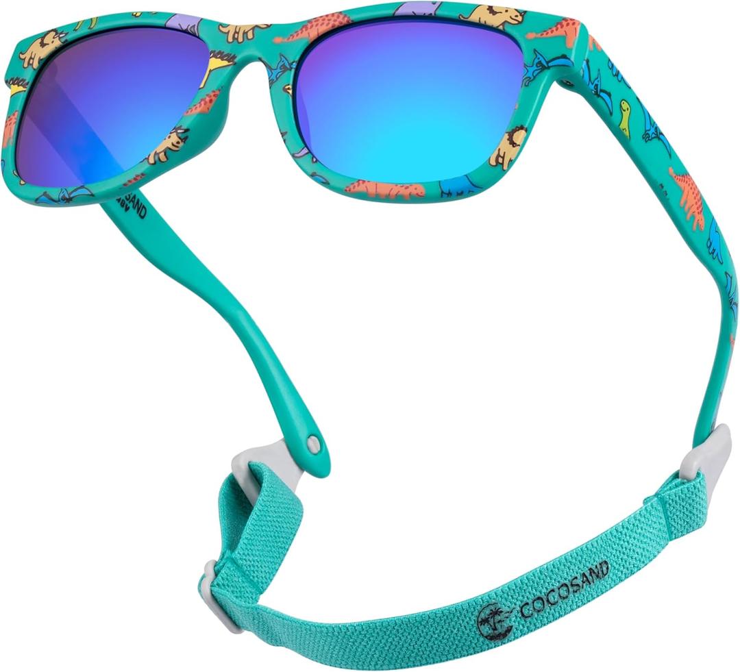 COCOSAND Flexible Baby Sunglasses with Strap Polarized UV Protection for Toddler Infant Newborn Boy Girl Age 0-24 Months (Matte Green With Dinosaur Print)