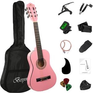 30in Beginner Acoustic Guitar Basic Starter Kit Tuner Bag Capo Strings Winders Strap Picks Student/Kids Guitar Pickguard with Gig Bag Pink