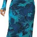 MEROKEETY Women's Long Sleeve Fall Wedding Guest Dress 2025 Bodycon Floral Mesh Ruched Cocktail Maxi Dresses L