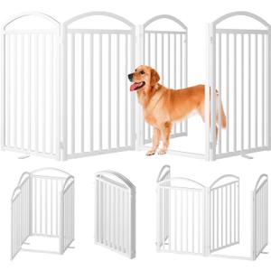 SNUOWU 4 Panels Full Matel Freestanding Dog Gates with Door, 96"Extra Wide 36"Tall Free Standing Dog Pet Gate for Indoor & Outdoor. Foldable Pet Fences for Doorways, House, Stairs, Porch, Deck, Yard (White)