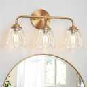 Daunton 3-Light Bathroom Vanity Light Gold, Vintage Vanity Light Fixtures Over Mirror, Brass Bathroom Light with Flower Glass Shade, Art Deco Wall Sconce Lighting for Bedroom, Living Room, 18.1in