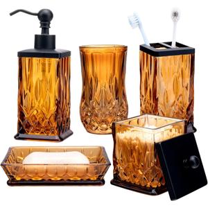 Bathroom Accessories Set,5 Pcs Amber Glass Bathroom Accessory Set,Complete Lotion Soap Dispenser,Toothbrush Holder,Soap Dish,Tumbler & Jar,Modern Bathroom Decor Sets Gift,Square