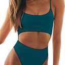 Meyeeka Womens Scoop Neck Cut Out Front Lace Up Back High Cut Monokini One Piece Swimsuit (Small, Green)