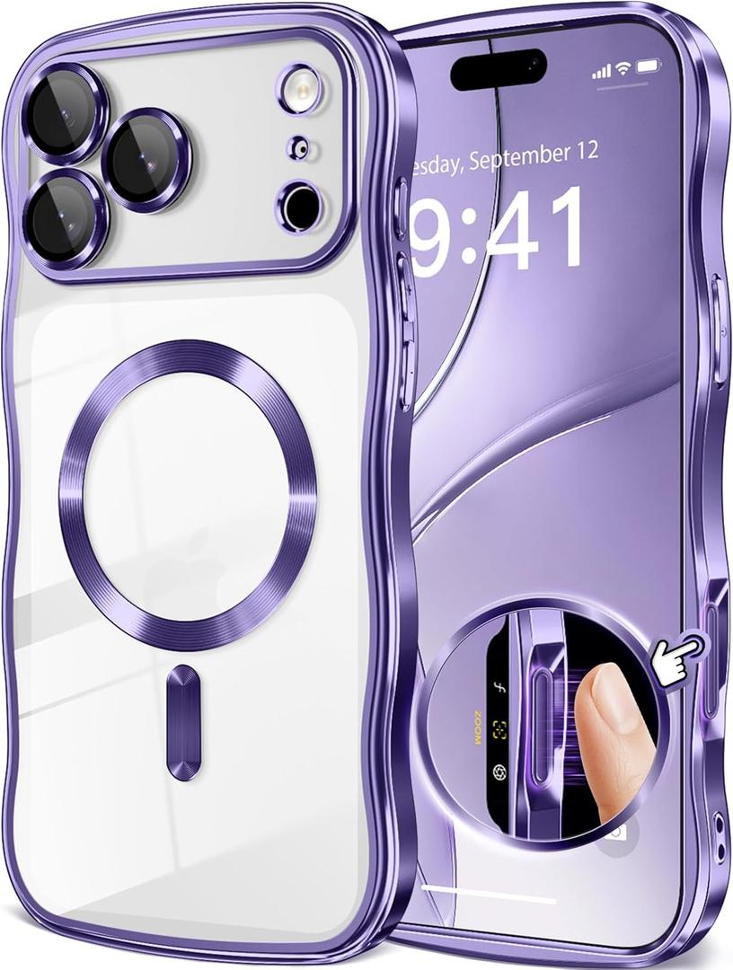 GVIEWIN for iPhone 17 Pro Max Case [Compatible with MagSafe][Upgraded Full Camera Protection][Cute Wave Frame] Glossy Slim Shockproof Protective Magnetic Phone Case for 17 Pro Max 6.9'', Clear/Purple