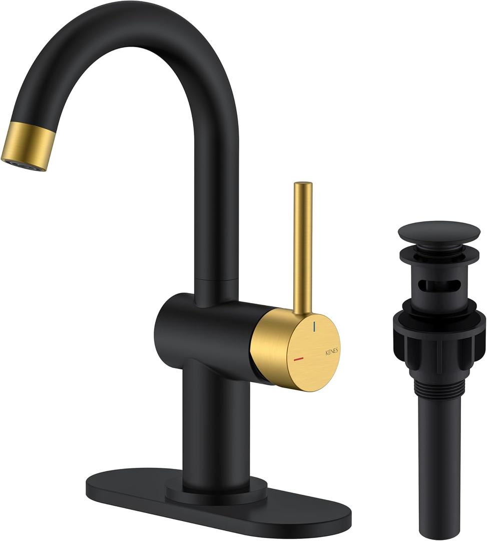 KENES Black and Gold Single Handle Bathroom Sink Faucet, Modern Prep Wet Bar Sink Faucet with Drain Assembly & Deck Plate, Vanity Faucets for Farmhouse RV Camper Utility, KE-9005B-BG