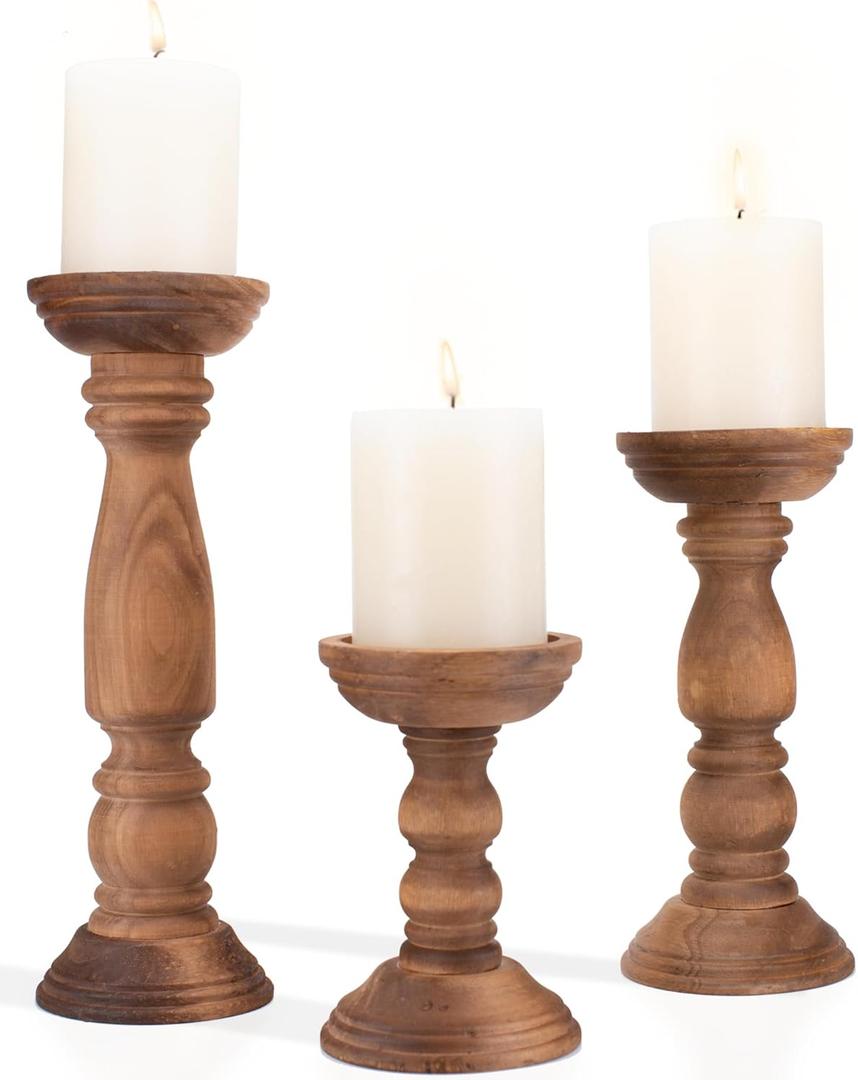 Farmhouse Wooden Candle Holders for Pillar Candles Set of 3, Rustic Wood Candle Holder Table Centerpiece Decor, 12'' 9'' 6'' Vintage Tall Candle Stand Decorative, Brown