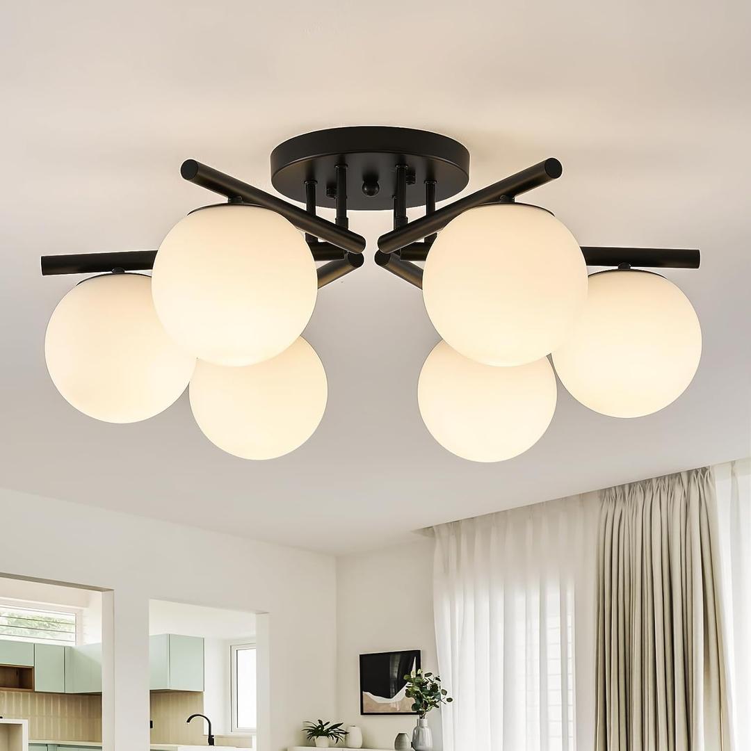 6-Light Sputnik Ceiling Light Fixture, Semi Flush Mount Ceiling Light with Milk Glass Globes, Black Mid Century Modern Chandelier for Living Room Bedroom Dining Room Hallway, 