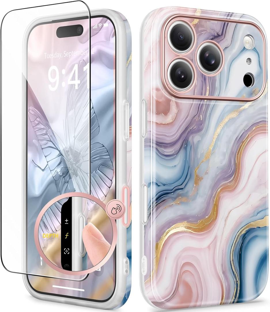 GVIEWIN for iPhone 17 Pro Case Compatible with MagSafe, with Screen Protector [Full Camera Protection] Military-Grade Shockproof Slim Magnetic Marble Phone Case for 17 Pro 6.3", Swirls/Colorful