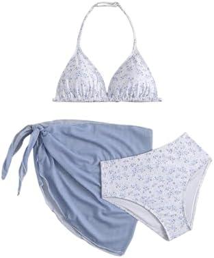 Milumia Girl's 3 Piece Bikni Set Ditsy Floral Halter Swimsuit with Cover Up Skirts 12Y